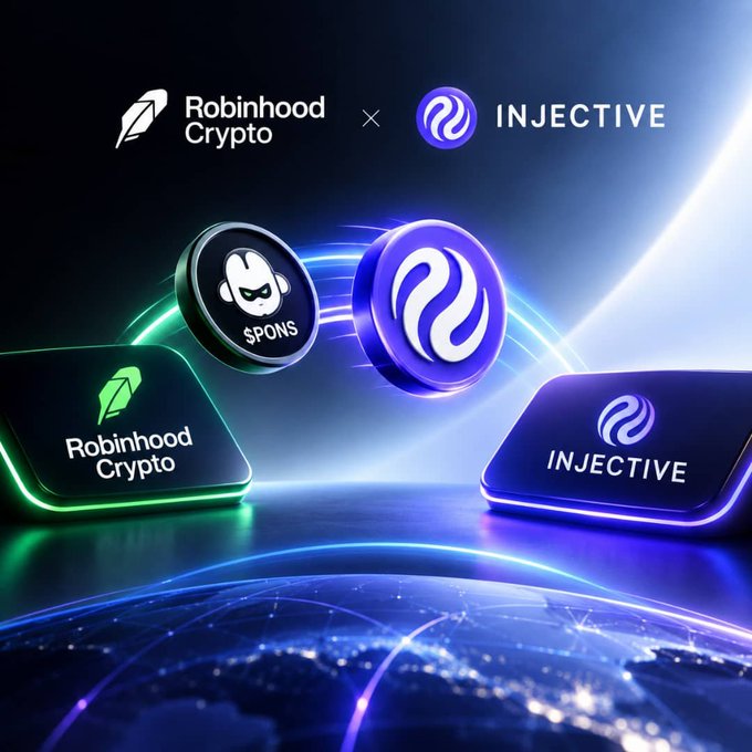 A promotional graphic featuring "Robinhood Crypto x INJECTIVE" logos at the top, with stylized 3D tokens and app icons displayed over a futuristic globe.