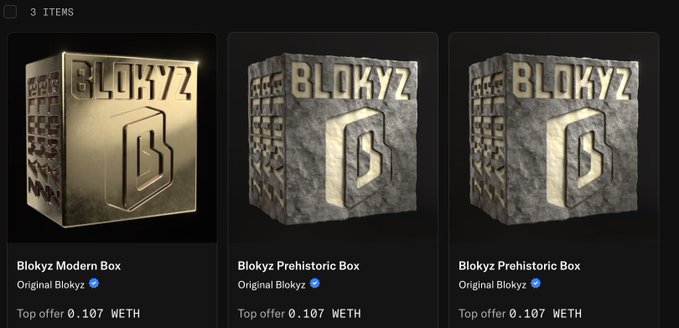 Three Blokyz NFT boxes displayed for sale, including a Modern Box and two Prehistoric Boxes, all from 'Original Blokyz' with top offers of 0.107 WETH.