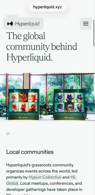 The image shows a mobile view of hyperliquid.xyz with the headline "The global community behind Hyperliquid," featuring a photo of two illuminated display panels showcasing colorful NFT art in a sunlit room. Below, a section labeled "01 Local communities" highlights Hyperliquid's grassroots community organizing events worldwide through Hypurr Collective and HL Global, directly tying into the tweet's excitement about Hypurr's feature on the Hyperliquid website and promotion of local meetups.