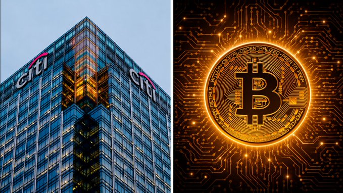 A split image showing the exterior of a Citi bank building with its logo on the left, and a glowing golden Bitcoin graphic on a circuit board background on the right.