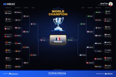 A World Champion trophy graphic displays the 2026 FIFA World Cup knockout bracket, with France highlighted in the final slot on the right side of the bracket. The image relates to the post by showing the tournament path leading to France being projected as champions, matching the toddler's apparent prediction referenced in the caption.