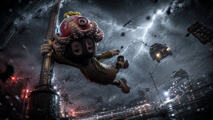 A 3D-rendered character with a decorative round mask clings to a lamppost in a dark, stormy urban scene with lightning and flying debris.