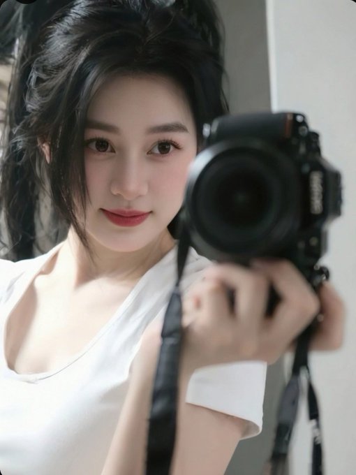 A portrait of a young woman with dark hair wearing a white top, holding a Nikon camera up toward the viewer.