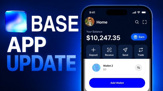 The image shows an iPhone screen displaying a Base App update, with a blue background and white text that reads "Base App Update" and "Add wallet". The app allows users to create additional wallets directly within the app or import existing ones using the provided instructions.