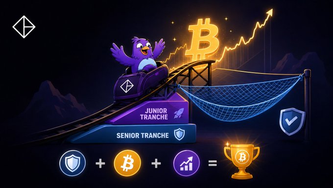 A promotional illustration featuring a purple cartoon bird riding a roller coaster labeled 'JUNIOR TRANCHE' and 'SENIOR TRANCHE' past a Bitcoin logo and upward chart, with a shield and trophy icon suggesting a crypto investment opportunity.