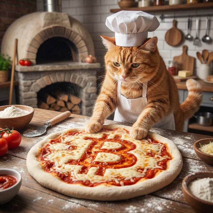 An orange tabby cat wearing a white chef's hat and apron, preparing a pizza in a rustic kitchen with a stone oven.