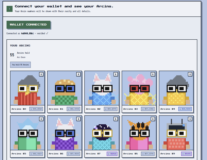 A screenshot of arcins.xyz showing a connected wallet (0x8945..f5b1) with 55 Arcins held, displaying a grid of 10 pixel-art Arcins characters (#0-#9) with their respective rarity percentages (ranging from 7.074% to 9.252%) below each card, matching the announcement of the newly launched wallet connection feature that displays users' NFT collections with trait and rarity details.