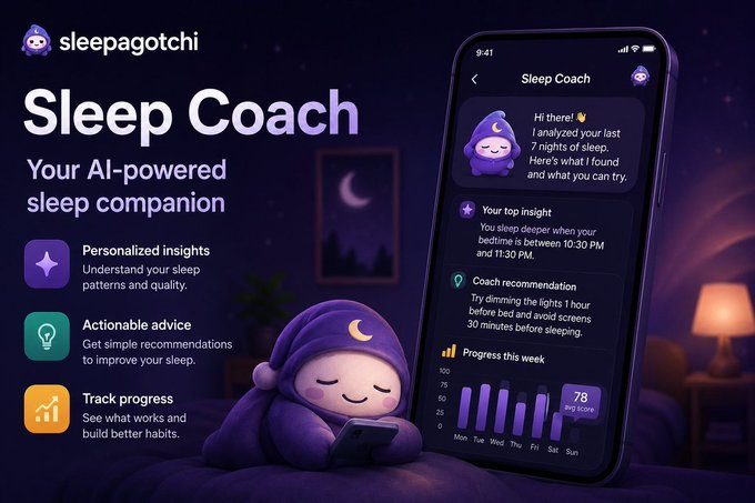 A promotional graphic for 'Sleepagotchi' featuring their 'Sleep Coach' app, which provides 'Personalized insights' and 'Actionable advice', shown alongside a purple mascot character.