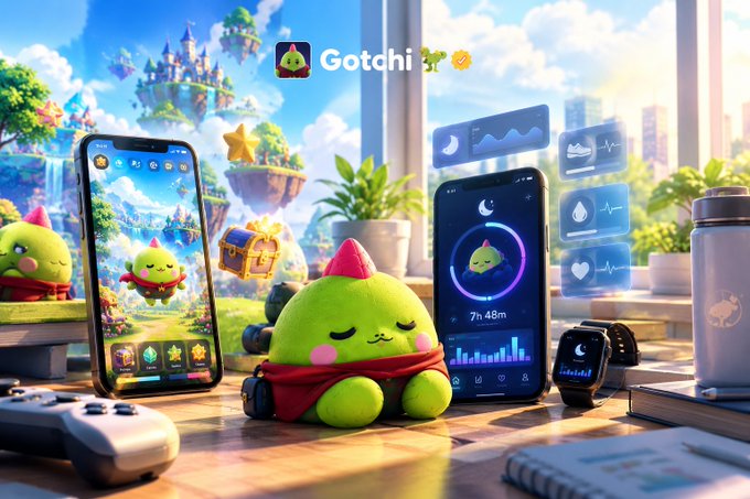 A promotional image for the 'Gotchi' app shows cute green blob characters alongside smartphones displaying health tracking, gaming, and smart device interfaces.