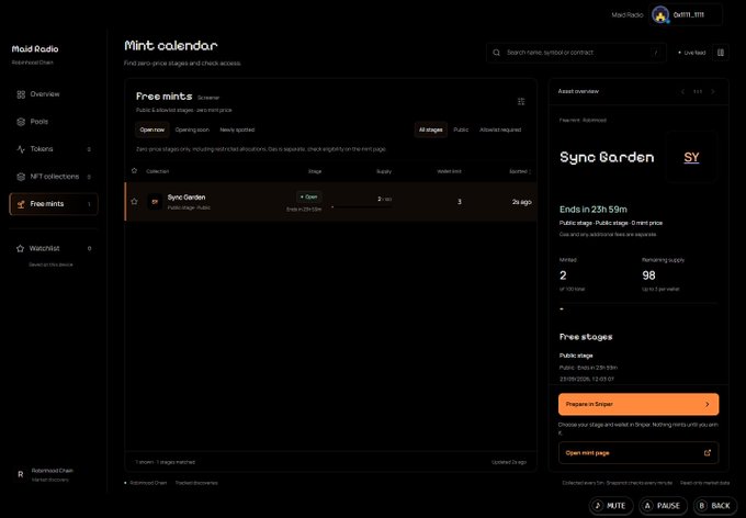 A screenshot of a 'Mint calendar' interface from Maid Radio showing a 'Sync Garden' free mint stage with 23 hours 59 minutes remaining and an asset overview for the same project.