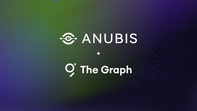 The image displays a graphic with a dark, gradient background featuring circuit-like patterns, showcasing the logos and names of "ANUBIS" and "The Graph" separated by a plus sign. This visually represents the announcement that subgraph support for Anubis Chain is now live on The Graph Network, highlighting the integration partnership between the two platforms.
