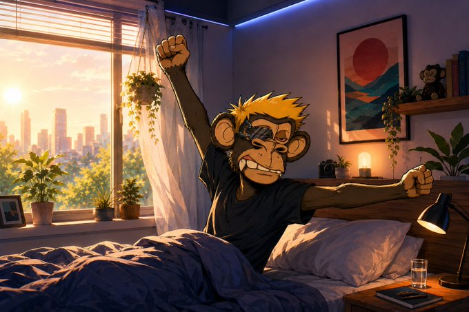 A digital illustration of a cartoon monkey with sunglasses and spiky hair stretching his arms awake in a cozy bedroom with a city skyline visible through the window.
