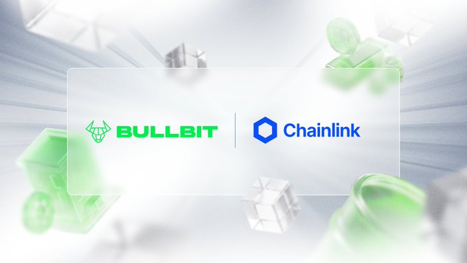 The image features a logo for Bullbit and Chainlink, both of which are prominent in the center of the frame. The background is white with green elements scattered throughout, creating an abstract design that complements the logos. In the bottom right corner, there's text that reads "Bullbit adopts @Chainlink to Unlock onchain trading of global equities and ETFs! Chainlink Data Streams are now live on Bullbit, powering our upcoming stock and ETF markets, starting with $NVDA, 
TSLA, and EWY". The image also includes a small green square in the bottom left corner.