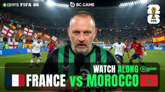 A promotional graphic for a 'Crypto FIFA 26' watch-along event featuring France vs Morocco, with 'BC.GAME' branding and a commentator in a green and black striped shirt in front of a stadium scene.