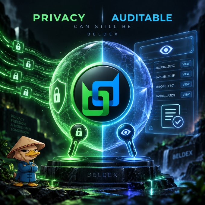 A promotional graphic for Beldex with the tagline 'PRIVACY CAN STILL BE AUDITABLE', featuring a green and blue glowing shield-like emblem, lock and eye icons, transaction addresses, and a cartoon duck mascot wearing a conical hat and blue jacket.