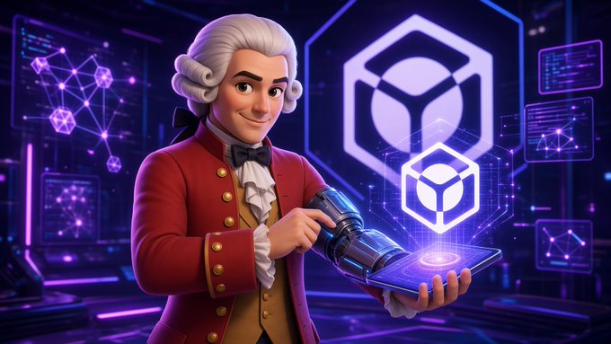 A 3D cartoon character in an 18th-century style red coat and powdered wig holds a futuristic device with a glowing cube, set against a purple tech-themed background featuring blockchain/crypto symbols.