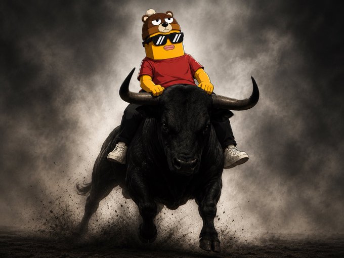 A yellow cartoon-like figure wearing a bear hat, red shirt, and sunglasses rides a charging black bull through dust and smoke.