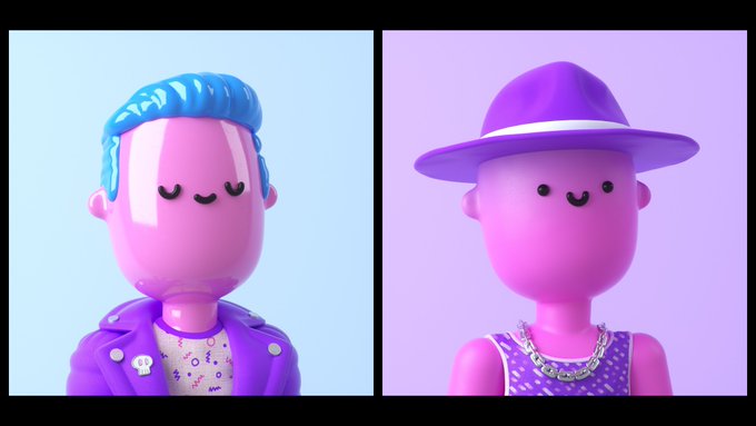 Two pink 3D-rendered cartoon characters side-by-side: one with blue hair wearing a purple jacket, and another wearing a purple hat with a chain necklace.