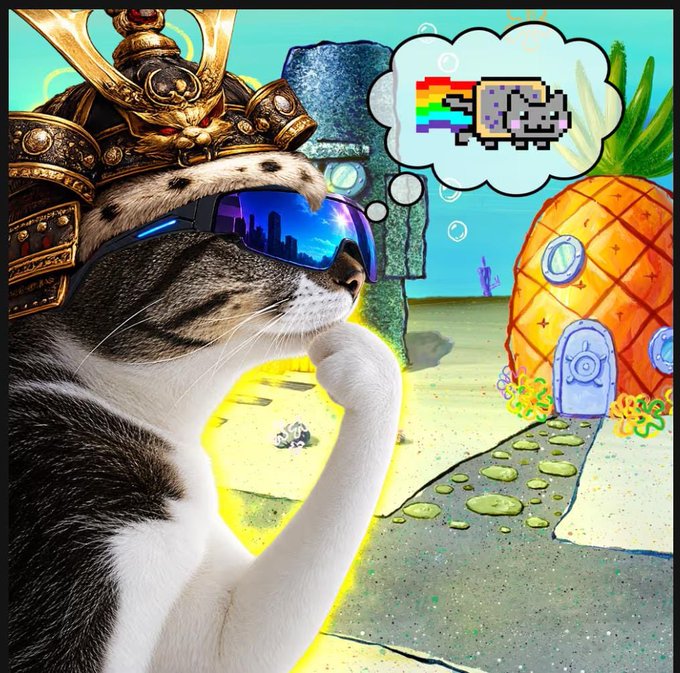 A samurai-armored cat wearing sunglasses thinks about Nyan Cat with a rainbow trail, set against a SpongeBob pineapple house backdrop. The image appears to be an NFT from the @thinkingcats_ collection, which the poster recently acquired as part of their crypto/NFT collection reveal shared alongside tickers $HMM, $WALL3, and $PVE.