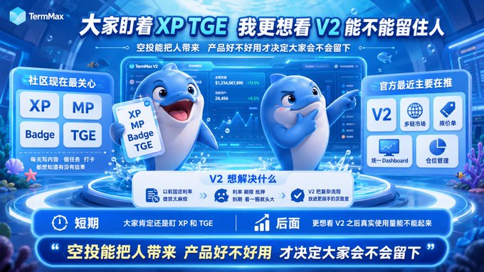 The image features a graphic design depicting two blue dolphins holding up their arms. The background of the graphic shows a computer monitor with various icons, including one representing an XP badge and another showcasing an XP MP badge. Additionally, there's a badge for TGE (TermMax) next to the monitors. On this design, the phrase "TMX V2" is also displayed.