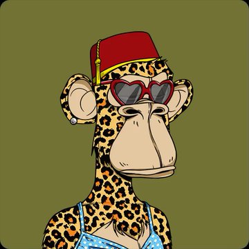 The image features a cartoon monkey wearing sunglasses, a hat with a gold band, and a leopard print dress. The monkey appears to be posing for the camera against a green background. There are no texts or other objects present in the image.