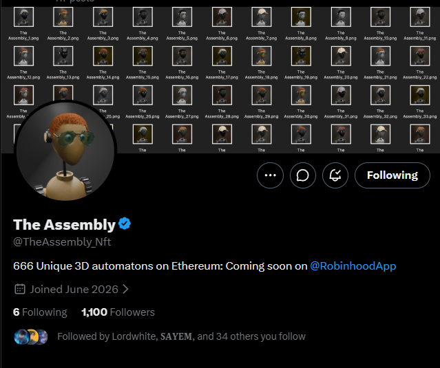 The image shows the Twitter/X profile of "The Assembly" (@TheAssembly_Nft), a verified account promoting their upcoming NFT collection of 666 unique 3D automators on Ethereum. The profile picture features a character with orange hair and green sunglasses, while the background displays a grid of various robot/automaton avatars from the collection. The account has 1,100 followers and is described in the post as featuring rogue engineer-created mechs with customizable traits including body, eyes, hair, accessories, and backgrounds.