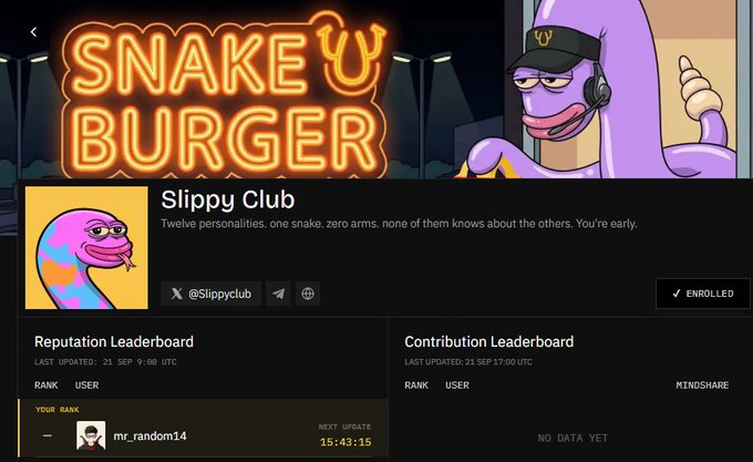 Slippy Club website screenshot showing twelve personalities with a neon "Snake Burger" sign, a purple worm mascot wearing a cap, and reputation and contribution leaderboards.