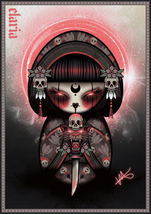 Stylized kawaii-style illustration of a Japanese doll-like figure (Matryoshka) with skull and cat motifs, surrounded by a red halo and signed by the artist.