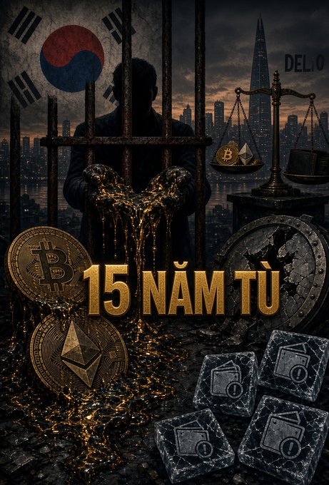 The image is a dramatic illustration showing a silhouetted figure behind prison bars holding molten gold, with the South Korean flag, a cityscape, scales of justice holding Bitcoin and Ethereum, and cryptocurrency coins alongside ice cubes bearing warning icons—visually reinforcing the post's news that Delio CEO has been sentenced to 15 năm tù (15 years in prison) for embezzling approximately $49 million in digital assets from over 1,100 customers before the platform's bankruptcy in late 2024.