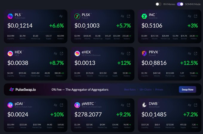 A cryptocurrency price tracker displaying tokens including PLS (PulseChain) at $0.01214 (+6.6%), PLSX at $0.1003 (+5.7%), INC at $0.5106 (+3%), HEX at $0.0038 (+8.7%), eHEX at $0.0013 (+12%), PRVX at $0.8816 (+12.5%), pDAI at $0.0024 (+10%), pWBTC at $278.2077 (+9.2%), and DWB at $0.1485 (+7.2%), with a PulseSwap.io ad banner in the middle.