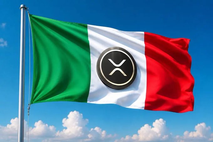 An Italian flag waving in the wind with the XRP (Ripple) logo overlaid on it.