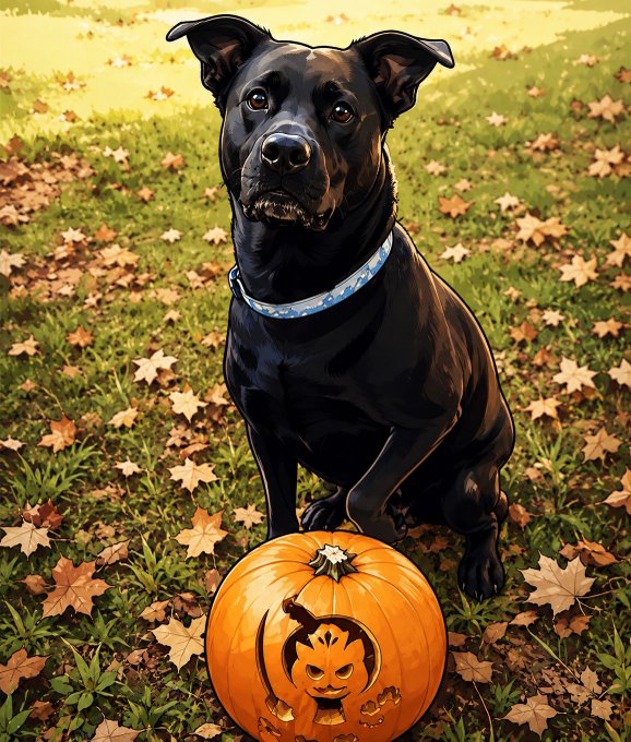 An illustrated/artistic image of a black Labrador dog with a blue collar sitting in autumn leaves next to a carved jack-o'-lantern pumpkin featuring a cartoon character design.