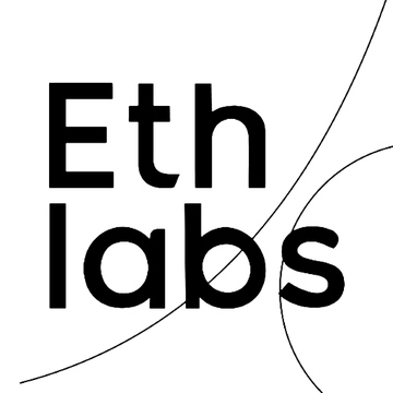 The image displays the "Eth labs" logo in bold black text with abstract curved lines in the background, serving as a minimalist branding element for the announcement that Ethlabs has shipped their FCR algorithm to reduce Ethereum transaction confirmation times to ~12-24 seconds.