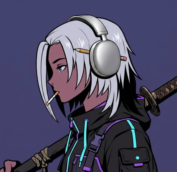 An anime character illustration featuring a dark-skinned figure with white hair, silver headphones, a pencil through their hair, and a katana on their shoulder.