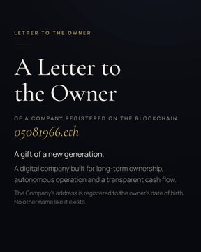 A dark-themed graphic titled "A Letter to the Owner" highlighting the Ethereum domain **05081966.eth**, registered on the blockchain as a personalized gift tied to a date of birth, symbolizing autonomous, long-term digital ownership. The image visually reinforces the accompanying post about gifting crypto assets (Aerodrome, Curve, Frax) locked under that unique ENS name.