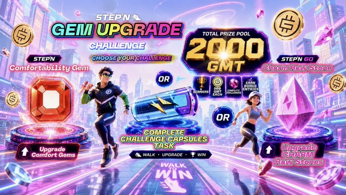 The image features an advertisement for a video game called "Stepn Gem Upgrade Challenge", which appears to be a virtual reality experience set in a city environment. The poster includes various elements such as a man, woman, and a diamond, all of which are part of the game's storyline. The text on the poster encourages players to participate in the challenge by completing specific tasks or challenges within the game. It also mentions that there is an "Unlock Bonus Entry" for those who complete the challenge successfully.