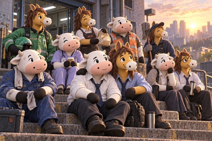 An AI-generated or stylized image showing a group of anthropomorphic characters with cow and horse features sitting together on concrete steps in work clothes, with a city skyline visible at sunset in the background.