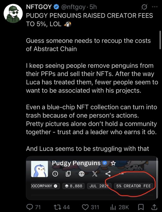 A tweet by NFTGOY (@nftgoy) criticizing 'Pudgy Penguins' for raising creator fees to 5%, highlighting that even a 'blue-chip NFT collection can turn into trash because of one person's actions.'