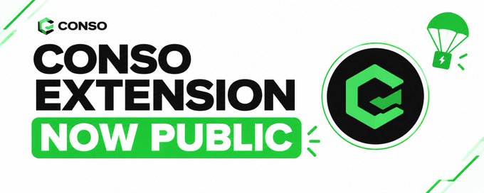 A promotional graphic announces "CONSO EXTENSION NOW PUBLIC" in bold black and green text, featuring the Conso logo (a stylized green "C") alongside a parachute icon delivering an extension package. The banner visually reinforces the post's announcement that Conso's extension is now freely available to everyone, highlighting the launch with vibrant green accent graphics and energetic design elements that suggest the easy, drop-in access described in the instructions.