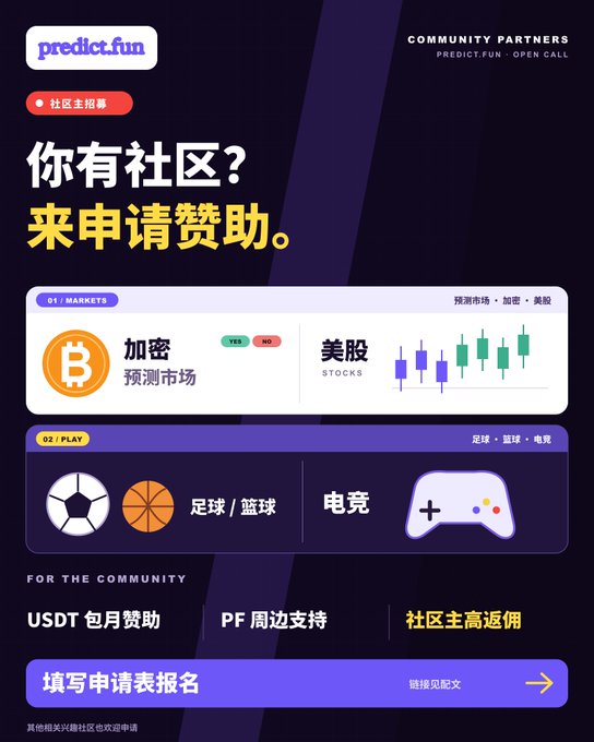 A promotional poster from predict.fun announces an open call for community partnerships, inviting admins of prediction market, crypto, US stock, soccer, basketball, and esports communities to apply for USDT monthly sponsorship, PF merchandise support, and featured "community main admin" recognition. The Chinese headline "你有社区?来申请赞助" (Have a community? Come apply for sponsorship) matches the post's message about continuing to open up main collaborations with relevant communities.