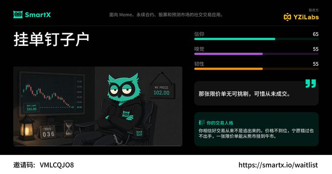 A promotional graphic for 'SmartX' (powered by YiZi Labs) titled '挂单钉子户' (in Chinese), featuring an owl character at a trading desk with an 'INV. PRICE 102.00' sign and stats showing 65 trust, 55 strength, and 55 vitality.