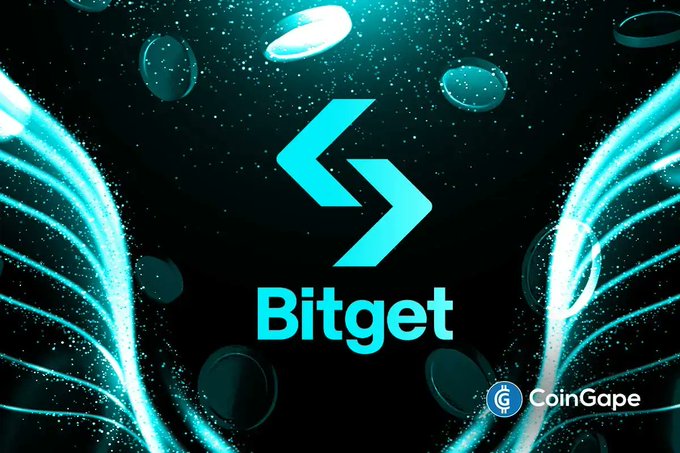 The image displays the Bitget logo, featuring a stylized cyan arrow emblem above the "Bitget" wordmark, set against a dynamic dark background with glowing cyan particles and floating coin-like discs, alongside a CoinGape watermark in the bottom right corner—visually reinforcing the post's announcement of Bitget's leading position in tokenized stock trading.
