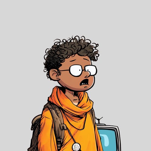 A cartoon illustration of a young person with curly hair, glasses, an orange scarf, and a backpack, looking worried or surprised while holding a small television.