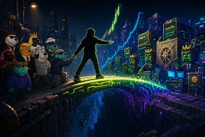 A digital illustration depicts a silhouetted figure on a glowing bridge with cartoon-style characters, including dogs and figures with crowns, alongside neon charts and a cityscape.