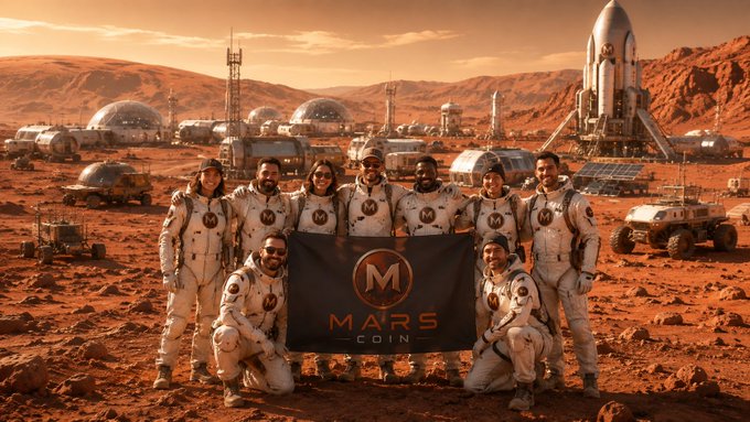 An AI-generated image depicting a group of nine astronauts posing on the surface of Mars, holding a black banner with the 'MARS COIN' logo, surrounded by a Martian base with domes, a rocket, and rovers under an orange sky.