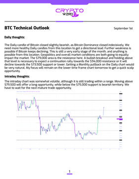 BTC Technical Outlook dated September 1st from CryptoNinja, featuring daily and intraday thoughts with a candlestick chart analyzing Bitcoin's bearish market potential around $79,000 resistance.