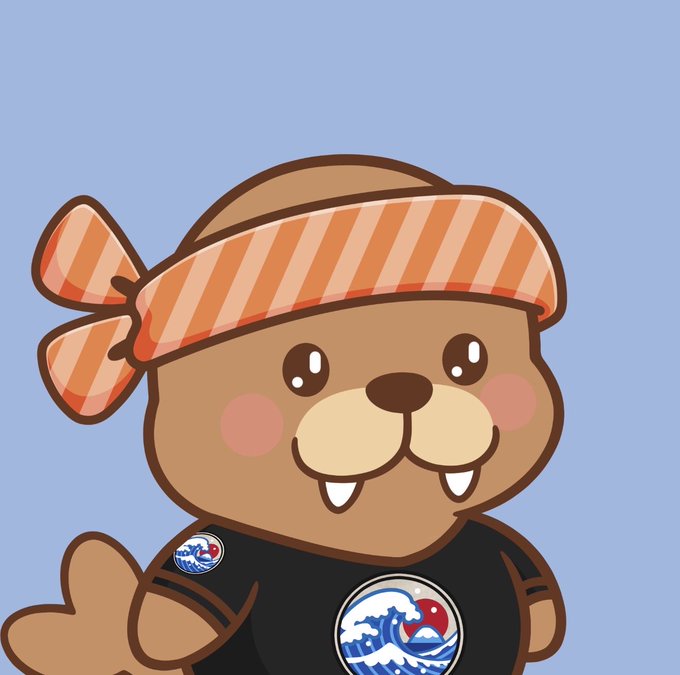 A cartoon brown beaver character wearing an orange and white striped headband and a black t-shirt with a wave/creature logo, giving a thumbs-up against a light blue background.