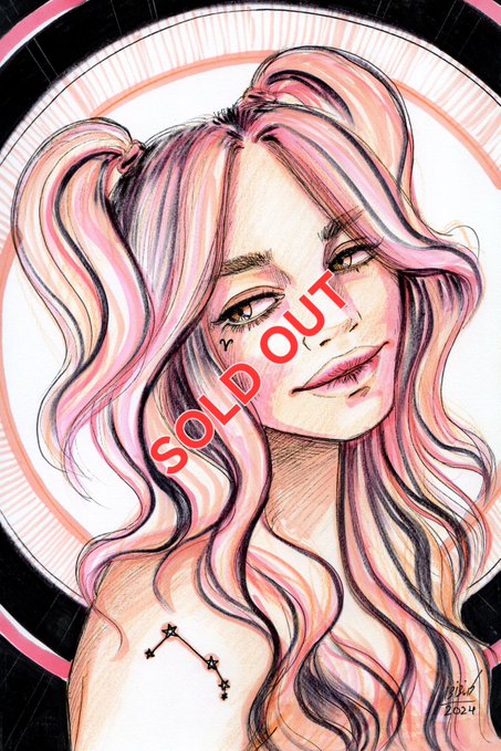 A colored pencil drawing of a woman with pink hair in pigtails bearing a 'SOLD OUT' watermark in red text, signed '2024'.