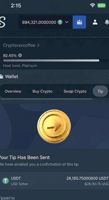 A screenshot of a crypto wallet app shows a confirmation that "Your Tip Has Been Sent" for 28,150.75 USDT, supporting the post's claim of tipping $10,000+ worth of USDT to random followers.
