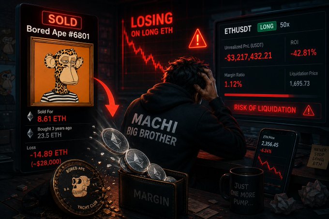 A dramatic scene showing a person in a "MACHI BIG BROTHER" hoodie facing trading screens, with a "SOLD Bored Ape #6801" for 8.61 ETH and an ETHUSDT long position showing -$3,217,432.21 unrealized PnL with "RISK OF LIQUIDATION."